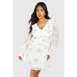 Grande Taille - Robe Courte Fleurie À Volants - Blanc Cassé - 56, Blanc Cassé