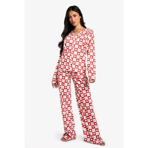 Heart Print Long Sleeve Shirt & Trouser Pyjama Set - Rouge - 40, Rouge