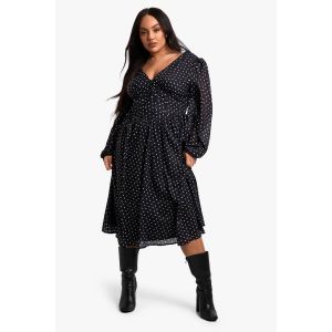 "Plus" Robe Skater Midi Grande Taille Style Milkmaid À Pois Tissée - Noir - 44, Noir