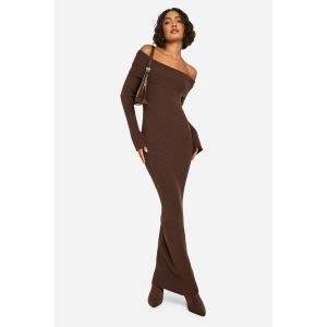 Robe Maxi Bardot Longue En Maille Côtelée - Marron Chocolat - M, Marron Chocolat
