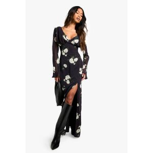 Robe Maxi Plongeante En Chiffon Floral - Noir - 42, Noir