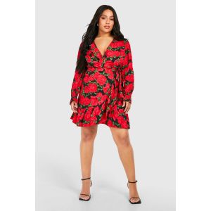 "Plus" Floral Robe Portefeuille À Manches Longues Grande Taille - Noir - 54, Noir