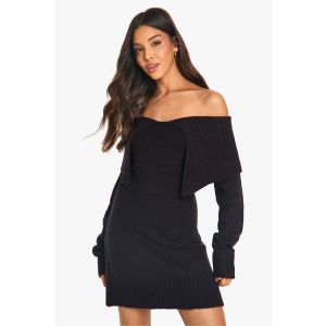 Robe Pull En Maille Douce À Col Oversize Et Épaules Dénudées - Noir - S, Noir