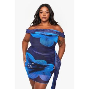 Robe Mini En Résille Fleurie Bardot "Plus" - Bleu Roi - 56, Bleu Roi