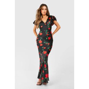 Robe Longue À Manches Volantées Et Imprimé Rose - Noir - 36, Noir