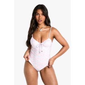 Maillot De Bain À Armatures Imprimé Coquillage Avec Garniture De Perles - Blanc Cassé - 34, Blanc Cassé