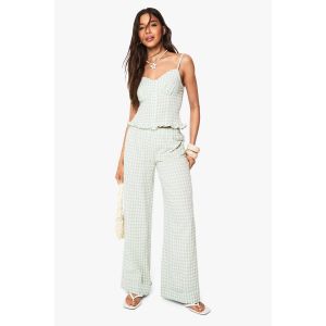 Pantalon À Jambe Large En Vichy À Ourlet Retroussé - Vert - 42, Vert