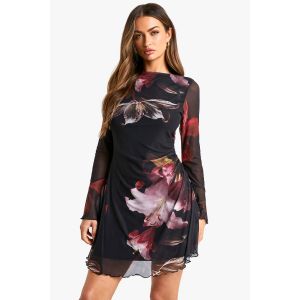 Robe Mini En Maille À Imprimé Floral, Coupe En A - Noir - 36, Noir