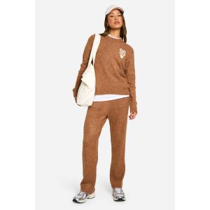 Ensemble Pull Tricoté Oversize À Col Rond Avec Détail D'Étoile Brodé Et Pantalon À Jambes Larges - Marron Camel - S, Marron Camel