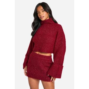 "Petite" Ensemble Coordonné Pull Tricoté Oversize Crop À Col Haut Et Micro Mini Jupe - Rouge Lie De Vin - M, Rouge Lie De Vin
