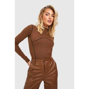 Body À Manches Longues Avec Détail De Couture - Marron Chocolat - 34, Marron Chocolat