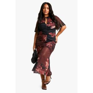 "Plus" Robe Midaxi Fleurie À Ourlet Froncé - Rouge - 56, Rouge