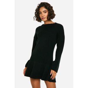 Robe Skater En Tricot À Manches Évasées Brossées - Noir - Xs, Noir