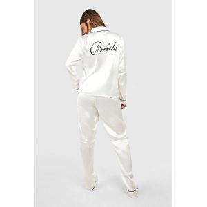 Ensemble Pyjama En Satin Brodé « Bride » Pour Mariée : Chemise À Manches Longues Et Pantalon - Blanc Ivoire - 38, Blanc Ivoire
