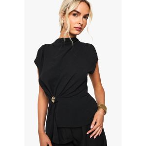 Chemisier À Encolure Cache-Cœur Avec Bordure Dorée Martelée - Noir - 34, Noir