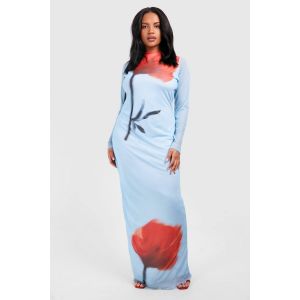 Robe Maxi En Maille Florale À Dos Bas - Bleu - 50, Bleu