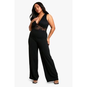 "Plus" Combinaison À Décolleté Plongeant En Dentelle Et Jambes Larges - Noir - 54, Noir