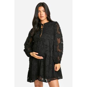 Robe De Maternité À Nouer À L'Avant Burn Out, Manches Longues Smockée - Noir - 44, Noir