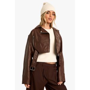 Veste De Motard Crop En Synthétique Style Vintage - Marron - 44, Marron