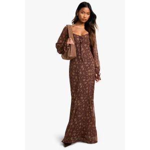Robe Maxi Milkmaid En Chiffon Froissé À Motif Floral Discret - Marron Chocolat - 44, Marron Chocolat