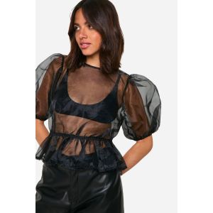 Organza Haut À Nouer Au Dos Et Manches Bouffantes - Noir - 38, Noir