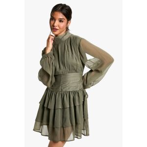 Robe Courte Froncée À Col Montant - Foncé - 40, Foncé