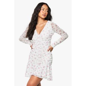 Robe Patineuse À Imprimé Floral, Froncée Et À Décolleté Plongeant - Blanc - 40, Blanc