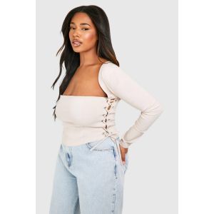 "Plus" Top Corset En Bengaline À Lacets Et Encolure Carrée - Gris Pierre - 52, Gris Pierre