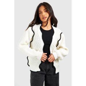 "Petite" Cardigan À Détail Bordure Escallop - Blanc Ivoire - S, Blanc Ivoire