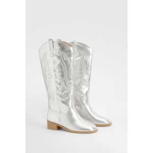 Bottes Western À Bout Carré, Talon Bas Et Hauteur Au Genou - Gris - Argent - 38, Gris - Argent