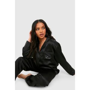 Diamante « Love » Détail De Poche - Chemise En Satin À Manches Longues & Ensemble De Pyjama Avec Pantalon - Noir - 34, Noir