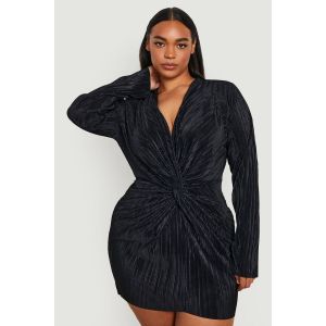 Grande Taille - Robe Chemise Nouée Plissée - Noir - 52, Noir