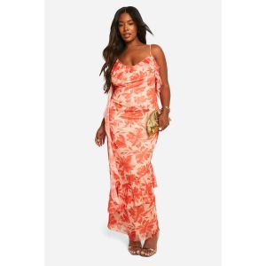 "Plus" Robe Maxi À Imprimé Fleuri Et Volants - Orange - 56, Orange