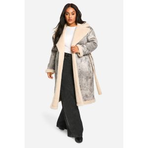"Plus" Vintage Look Longline Veste Aviateur Ceinturée - Gris - 44, Gris