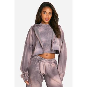 Sunbleach Wash Boxy Crop Zip Through Hoodie - Mauve - Xs, Mauve