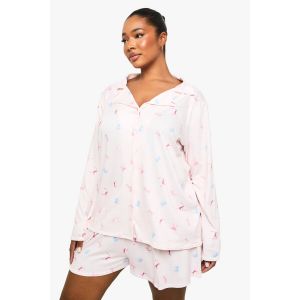 Ensemble Pyjama "Plus" À Imprimé Nœud Papillon, Chemise À Manches Longues Et Short - Rose - 44, Rose