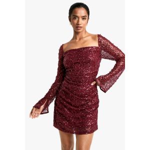"Petite" Robe Mini À Sequins Avec Col Carré Et Perles - Rouge Vin - 36, Rouge Vin