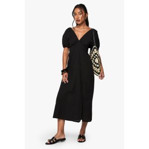 Robe Midaxi En Lin Avec Dos Noué Et Manches Bouffantes - Noir - 36, Noir