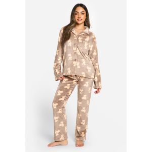 Ensemble Pyjama D'Intérieur À Imprimé Ours En Polaire, Chemise Boutonnée À L'Avant Et Pantalon - Marron - 42, Marron