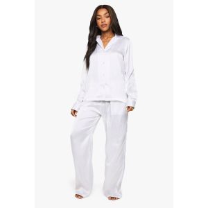Ensemble Pyjama En Satin Pour Mariée : Chemise À Manches Longues Et Pantalon - Blanc - 34, Blanc