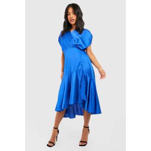 Robe Midi "Petite" Satin Occasion À Ourlet Volants - Bleu Roi - 34, Bleu Roi