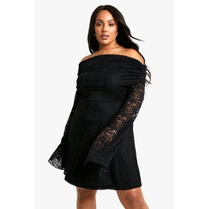 Robe Skater Évasée En Dentelle Grande Taille À Épaules Dénudées - Noir - 46, Noir
