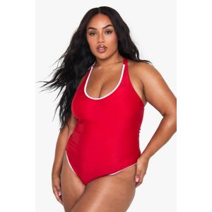 "Plus" Contrast Binding Swimsuit - Rouge - 52, Rouge