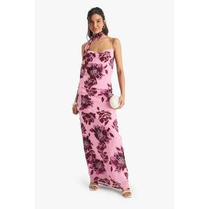 Robe Fluide En Chiffon Imprimé Floral Avec Nœud Au Cou - Rose - 36, Rose
