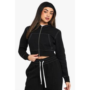 Contrast Stitch Shrunken Zip Through Hoodie - Noir - Xs, Noir