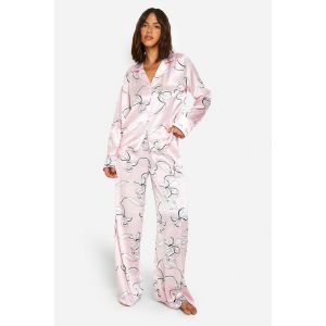 Ensemble Pyjama En Satin À Imprimé Nœud : Chemise À Manches Longues Et Pantalon - Rose - 38, Rose