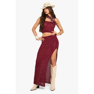 Haut Camisole En Maille Transparente À Sequins Et Jupe Maxi Fendue Sur Le Côté - Rouge Bordeaux - M, Rouge Bordeaux