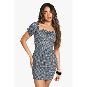 Gingham Robe Smock À Manches Bouffantes - Noir - 36, Noir