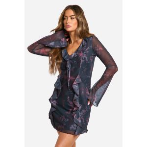 Robe Courte Fleurie En Mesh À Manches Évasées - Multicolore - 36, Multicolore