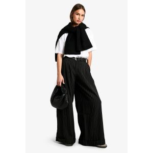 Tailoré Pantalon À Rayures Fines, Revers Et Jambes Larges - Noir - 38, Noir